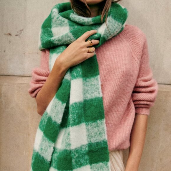 Sézane RARE NWT Louise Scarf in Ecru/Green Check - Picture 1 of 4